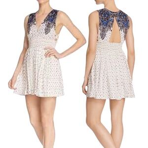 Free People Blue and Ivory Fit & Flare V-Neck Dress, Sleeveless, Cut Out